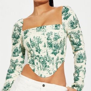 Fashion Nova Cream and Green Toile Square Neck Corset Top